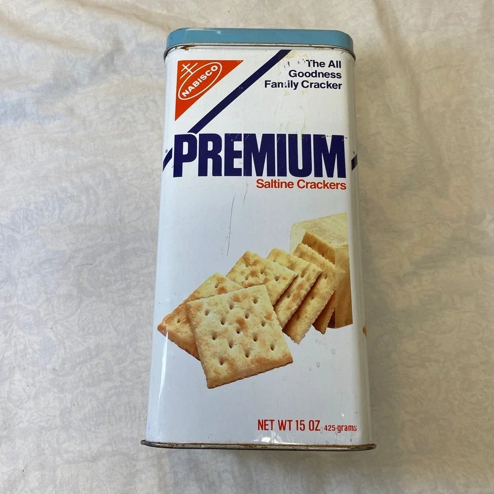 Vintage 1978 Nabisco Premium Saltine Crackers Tin Canister 15 Oz Blue Lid
